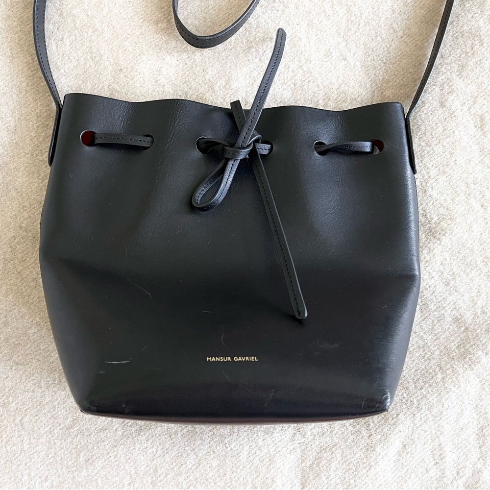 Mansur Gavriel Black Mini Leather Drawstring Bucket Crossbody - Picture 2 of 13